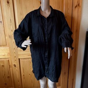 Garnet Hill Womens Linen Button Front Tunic Top XL Black Long Sleeve Minimalist